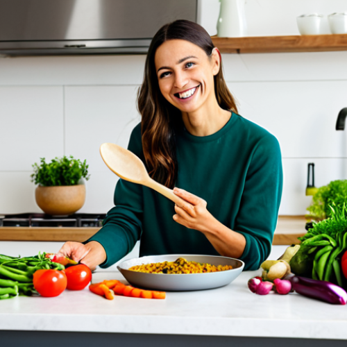 Home 4 A joyful individual, fully clothed in comfortable, modest attire, is preparing a vibrant flexitarian meal in a brightly lit, modern kitchen. Fresh, colorful vegetables, fruits, and legumes are neatly arranged on a clean countertop, showcasing the abundance of plant-based options. The person is smiling gently, engaged in the act of cooking, with well-formed hands holding a wooden spoon over a pot of plant-based curry. The scene embodies a healthy, balanced lifestyle. Perfect anatomy, correct proportions, natural pose, proper finger count, natural body proportions, professional photography, high quality, safe for work, appropriate content, family-friendly.