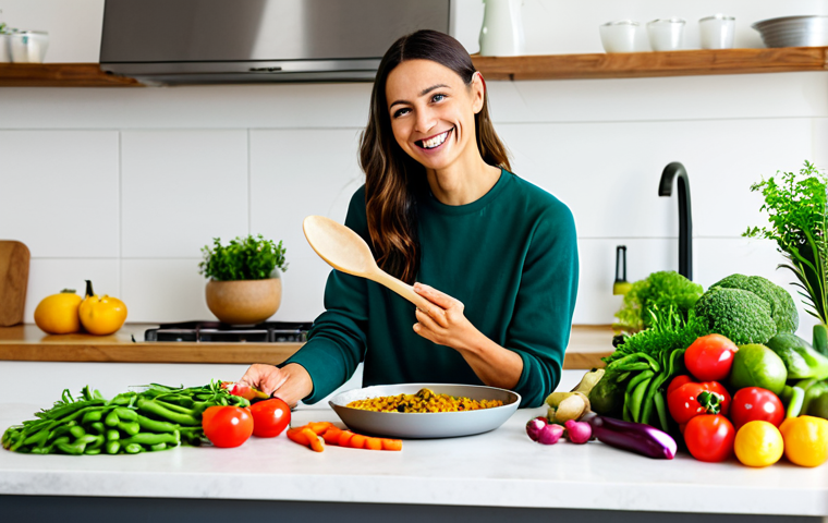 A joyful individual, fully clothed in comfortable, modest attire, is preparing a vibrant flexitarian meal in a brightly lit, modern kitchen. Fresh, colorful vegetables, fruits, and legumes are neatly arranged on a clean countertop, showcasing the abundance of plant-based options. The person is smiling gently, engaged in the act of cooking, with well-formed hands holding a wooden spoon over a pot of plant-based curry. The scene embodies a healthy, balanced lifestyle. Perfect anatomy, correct proportions, natural pose, proper finger count, natural body proportions, professional photography, high quality, safe for work, appropriate content, family-friendly.