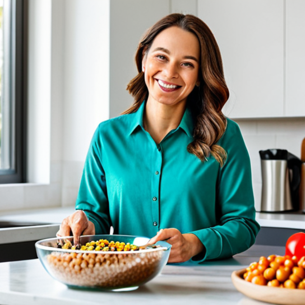 A smiling adult woman wearing a comfortable yet professional long-sleeved shirt and trousers, fully clothed, appropriate attire. She is sitting at a clean, modern kitchen island, holding a fork near a large, vibrant bowl of a colorful plant-based meal. The meal includes fresh leafy greens, roasted vegetables, chickpeas, and quinoa, showcasing healthy and diverse ingredients. The background is a bright, minimalist kitchen with natural light streaming through a window, subtly blurred to keep focus on the subject and food. Professional photography, high resolution, perfect anatomy, correct proportions, well-formed hands, proper finger count, natural body proportions, natural pose, safe for work, appropriate content, modest clothing, family-friendly.