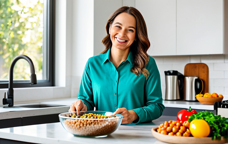 A smiling adult woman wearing a comfortable yet professional long-sleeved shirt and trousers, fully clothed, appropriate attire. She is sitting at a clean, modern kitchen island, holding a fork near a large, vibrant bowl of a colorful plant-based meal. The meal includes fresh leafy greens, roasted vegetables, chickpeas, and quinoa, showcasing healthy and diverse ingredients. The background is a bright, minimalist kitchen with natural light streaming through a window, subtly blurred to keep focus on the subject and food. Professional photography, high resolution, perfect anatomy, correct proportions, well-formed hands, proper finger count, natural body proportions, natural pose, safe for work, appropriate content, modest clothing, family-friendly.