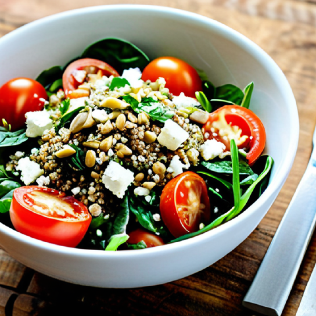 **

A vibrant flexitarian salad bursting with color, featuring quinoa, cherry tomatoes, spinach, and crumbled feta cheese. Topped with toasted sunflower seeds and a light vinaigrette dressing. Presented in a rustic ceramic bowl on a wooden table. safe for work, appropriate content, fully clothed, professional photography, perfect anatomy, natural proportions, family-friendly.

**