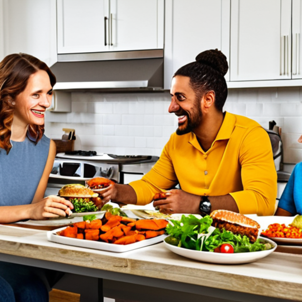 Family-Friendly Flexitarian Meal**

"A brightly lit kitchen scene showcasing a family enjoying a colorful and appetizing flexitarian meal. The table is set with lentil burgers on whole-wheat buns, roasted sweet potatoes, and a fresh green salad. Everyone is fully clothed in casual, modest attire.  Safe for work, appropriate content, perfect anatomy, natural proportions, high-quality photography, family-friendly, fully clothed."

**