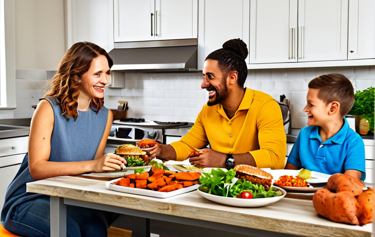 Family-Friendly Flexitarian Meal**

"A brightly lit kitchen scene showcasing a family enjoying a colorful and appetizing flexitarian meal. The table is set with lentil burgers on whole-wheat buns, roasted sweet potatoes, and a fresh green salad. Everyone is fully clothed in casual, modest attire.  Safe for work, appropriate content, perfect anatomy, natural proportions, high-quality photography, family-friendly, fully clothed."

**