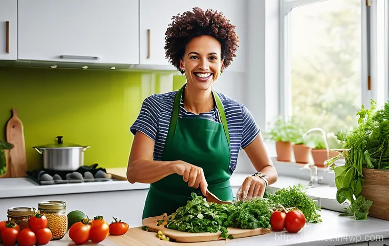 플렉시테리언 식단으로의 점진적 변화 방법 - **Vibrant Flexitarian Kitchen Scene**: A joyful, healthy woman in her late 30s, with a warm smile, i...