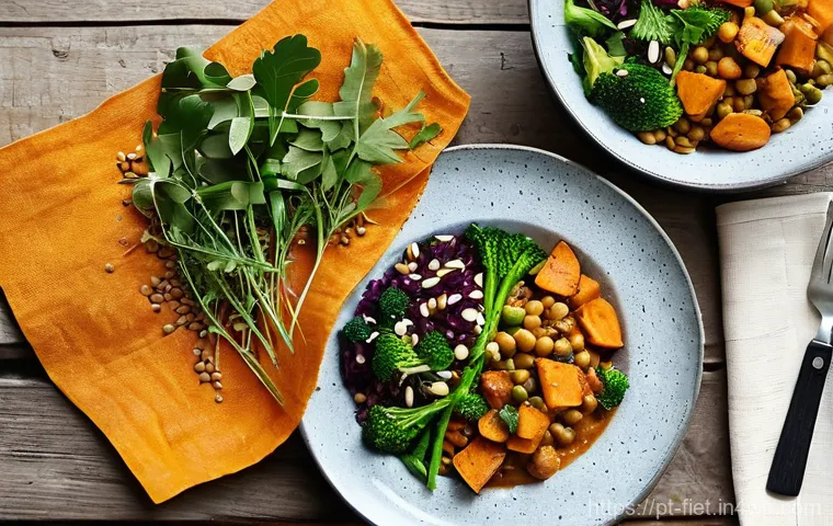 플렉시테리언 식단에서의 필수 섬유소 섭취 - **A Vibrant Flexitarian Feast:**
    A beautifully composed overhead shot of a colorful, fiber-rich ...