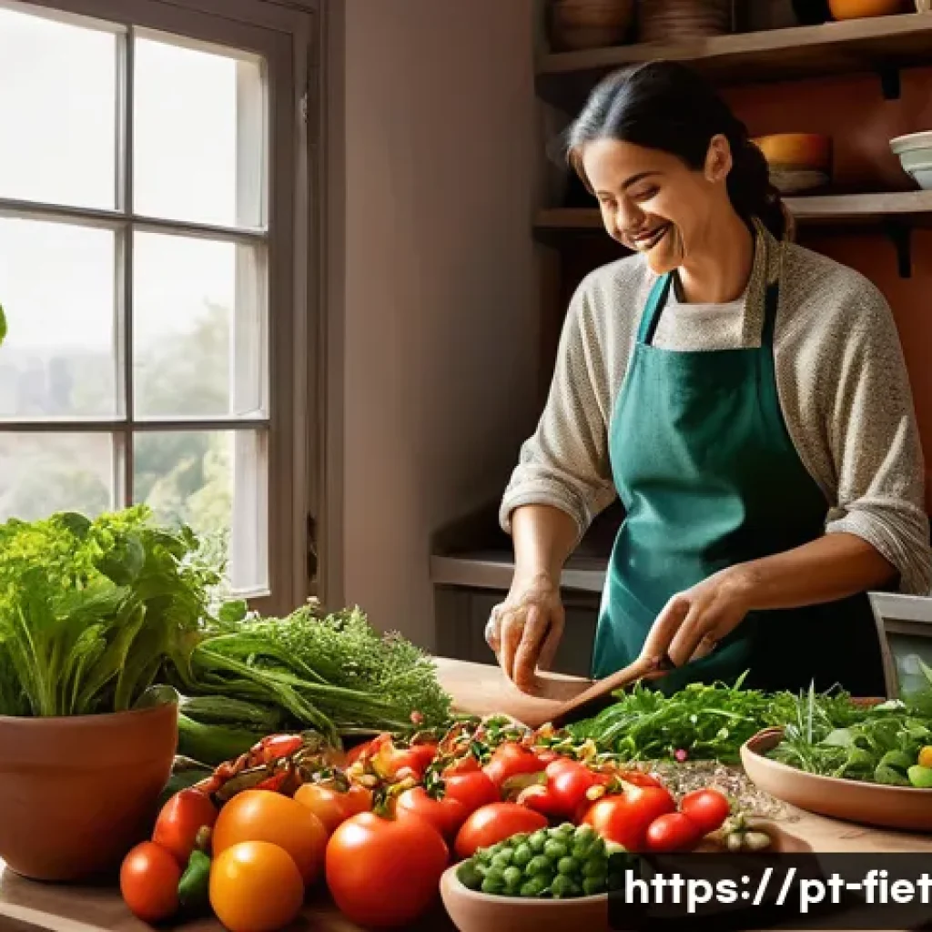 플렉시테리언 식단을 따르며 얻는 새로운 요리 경험 - A vibrant, sunlit kitchen scene bursting with an abundance of fresh, colorful, seasonal Portuguese v...