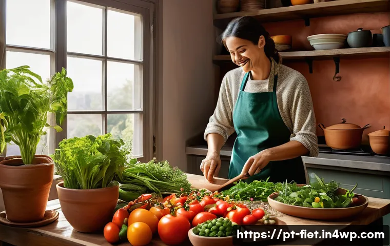 플렉시테리언 식단을 따르며 얻는 새로운 요리 경험 - A vibrant, sunlit kitchen scene bursting with an abundance of fresh, colorful, seasonal Portuguese v...