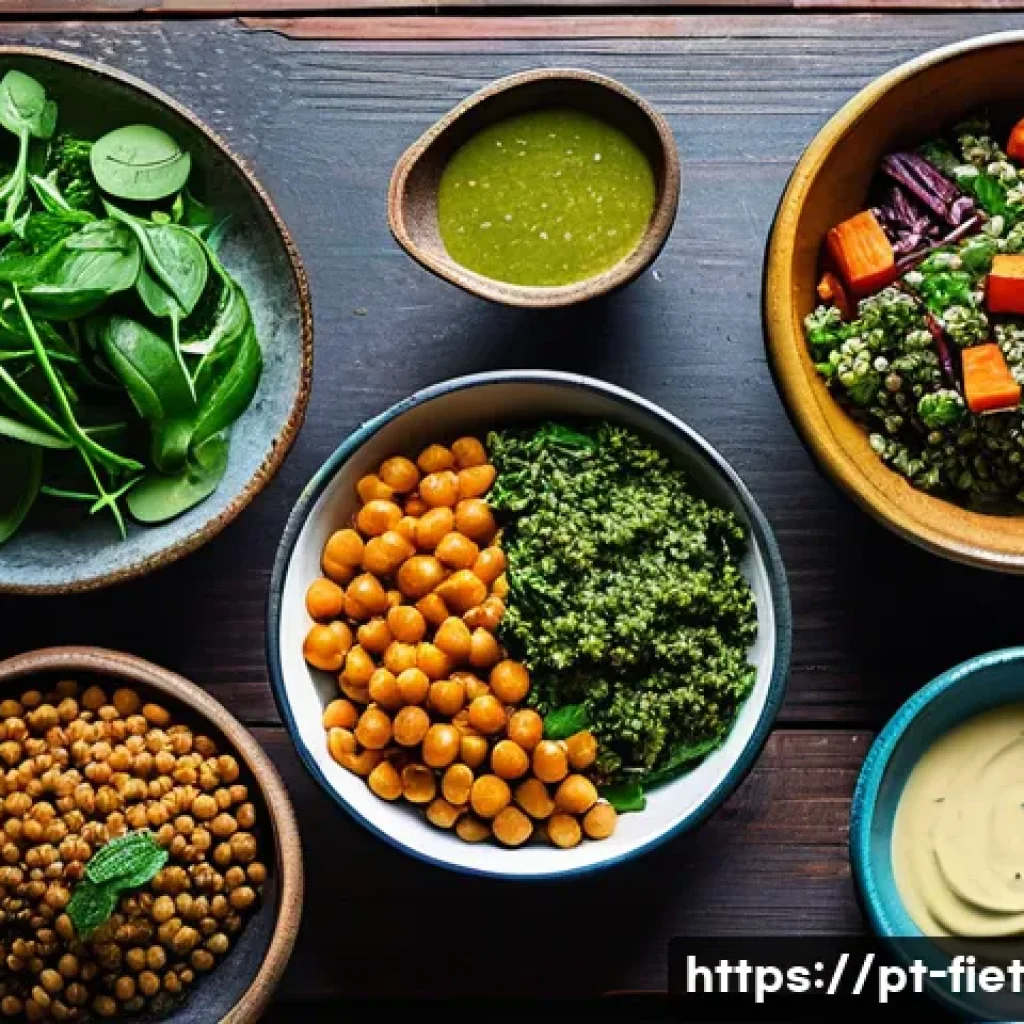 플렉시테리언 식단으로의 전환 시 가이드라인 - A vibrant and colorful flexitarian meal spread on a rustic wooden table, featuring a variety of dish...