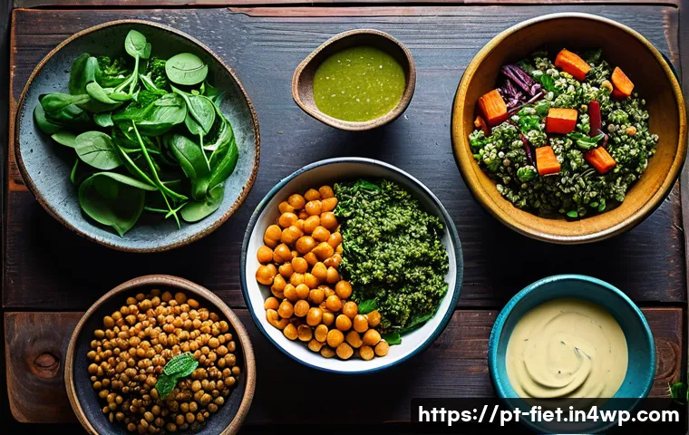 플렉시테리언 식단으로의 전환 시 가이드라인 - A vibrant and colorful flexitarian meal spread on a rustic wooden table, featuring a variety of dish...