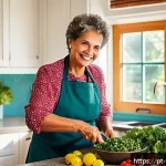 Home 21 플렉시테리언 식단으로 체중 감량하기 - A vibrant and inviting kitchen scene featuring a middle-aged Brazilian woman preparing a colorful fl...