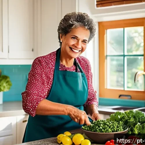 Home 33 플렉시테리언 식단으로 체중 감량하기 - A vibrant and inviting kitchen scene featuring a middle-aged Brazilian woman preparing a colorful fl...