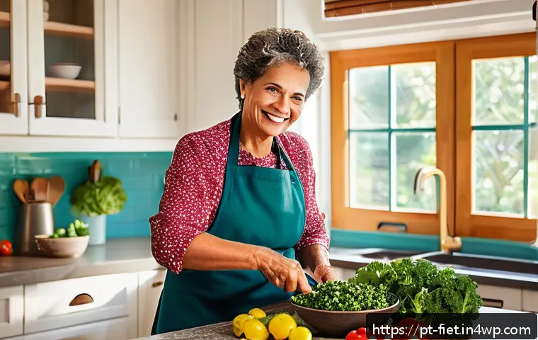 플렉시테리언 식단으로 체중 감량하기 - A vibrant and inviting kitchen scene featuring a middle-aged Brazilian woman preparing a colorful fl...