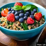 Home 19 플렉시테리언 식단에서의 슈퍼푸드 선택 - A vibrant, colorful bowl filled with cooked quinoa, fresh spinach leaves, assorted nuts like walnuts...