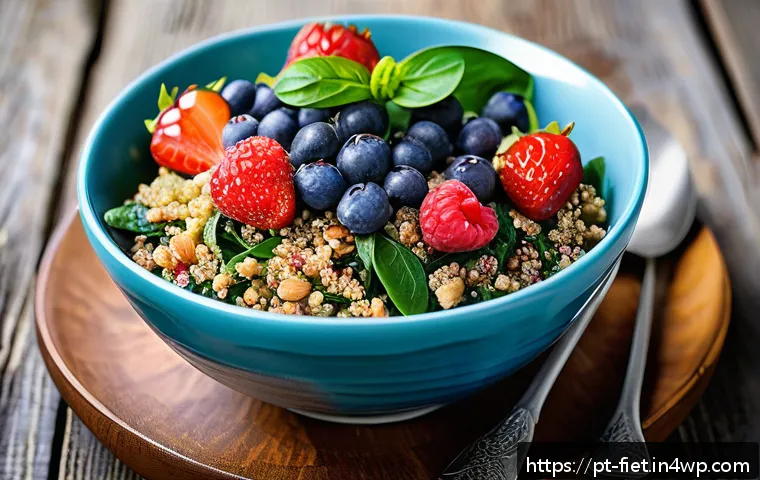플렉시테리언 식단에서의 슈퍼푸드 선택 - A vibrant, colorful bowl filled with cooked quinoa, fresh spinach leaves, assorted nuts like walnuts...