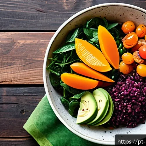 Home 30 플렉시테리언 식단의 다양한 요리 스타일 - A vibrant, colorful flexitarian meal bowl featuring a base of cooked quinoa and brown rice, topped w...