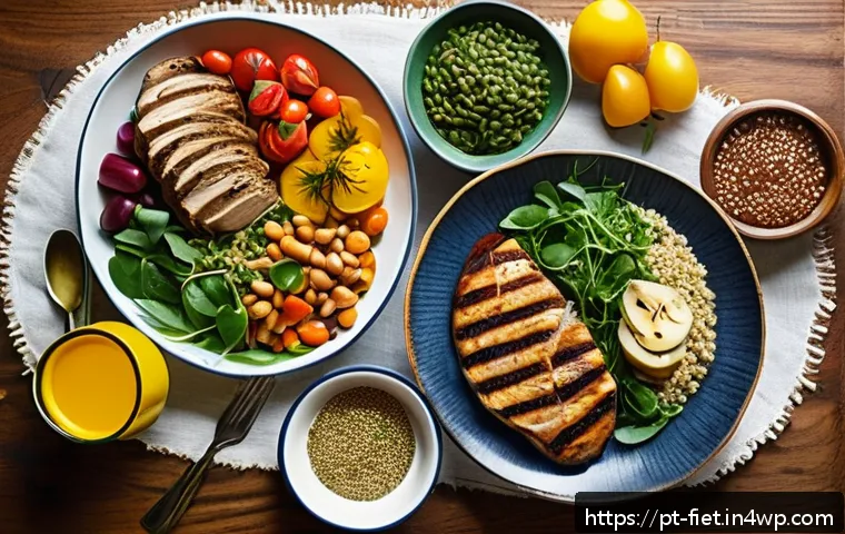 플렉시테리언 식단이 가져오는 변화 - A vibrant, colorful flexitarian meal setting on a rustic wooden table in a cozy kitchen, featuring a...