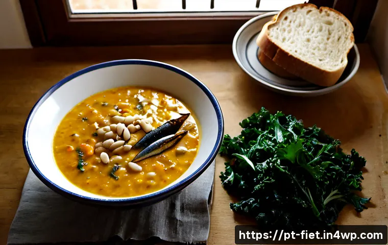 Home 17 플렉시테리언 식단에서의 다양한 스프 레시피 - Photorealistic rustic Portuguese kitchen table featuring a steaming bowl of creamy vegetable soup wi...