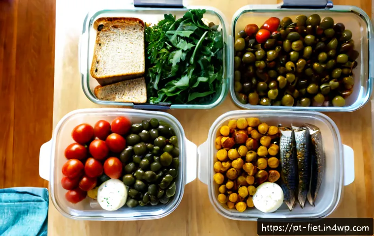 Home 17 플렉시테리언 식단의 식사 준비 팁 - Photorealistic overhead view of a bright Portuguese home kitchen meal-prep session, organized glass ...