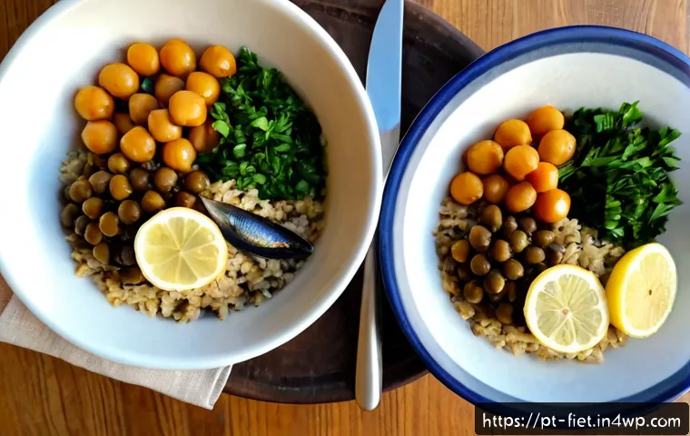 Home 17 플렉시테리언 식단을 위한 다양한 조합 레시피 - Photorealistic overhead view of a Portuguese-inspired flexitarian lunch bowl on a rustic ceramic pla...
