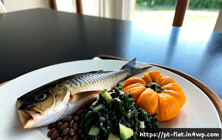 Home 17 플렉시테리언 식단에서의 혈당 관리 - Photorealistic Brazilian flexitarian lunch scene, grilled fish portion beside black beans, brown ric...