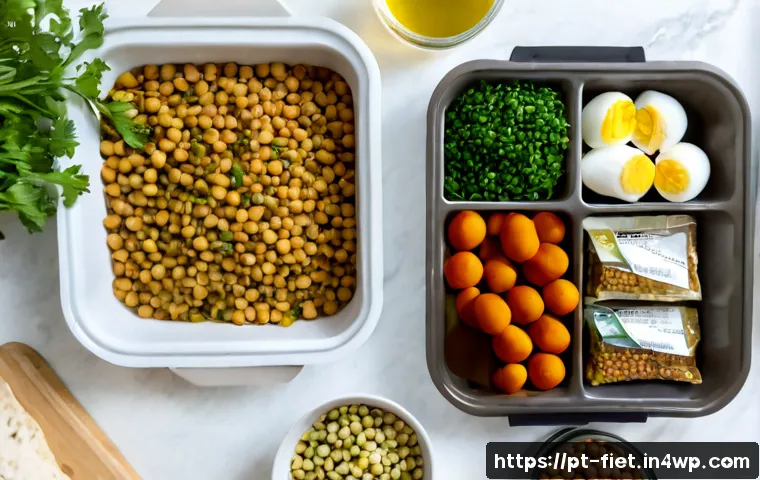 Home 17 플렉시테리언 식단 시작하기 위한 준비물 - Photorealistic overhead view of a neatly organized flexitarian meal-prep kitchen counter in a bright...